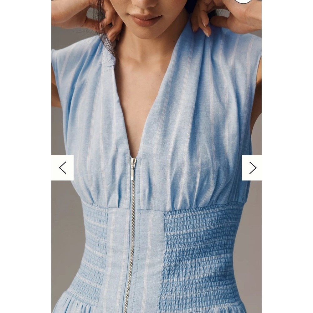 Anthropologie Tommie Cap Sleeve Smocked Front-Zip Shirt Dress Linen Blue White M - Picture 3 of 10